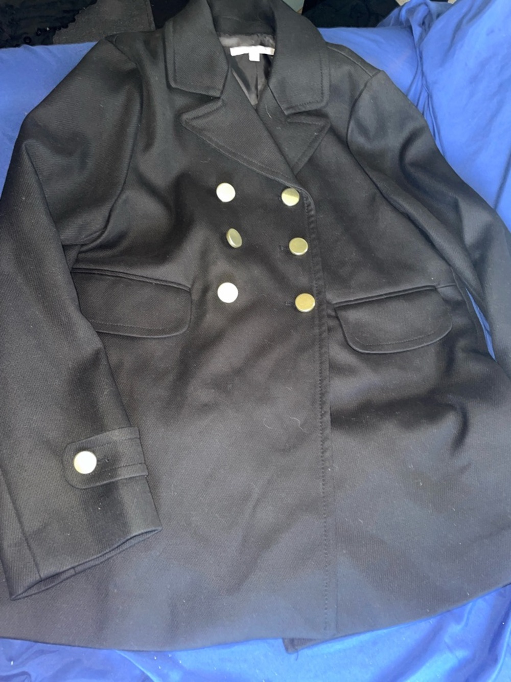 Ladies Double-Breasted Black Peacoat with Gold Buttons